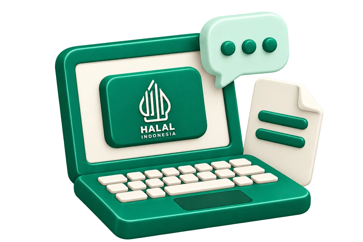 Ilustrasi laptop dengan logo Halal Indonesia, dokumen, dan percakapan